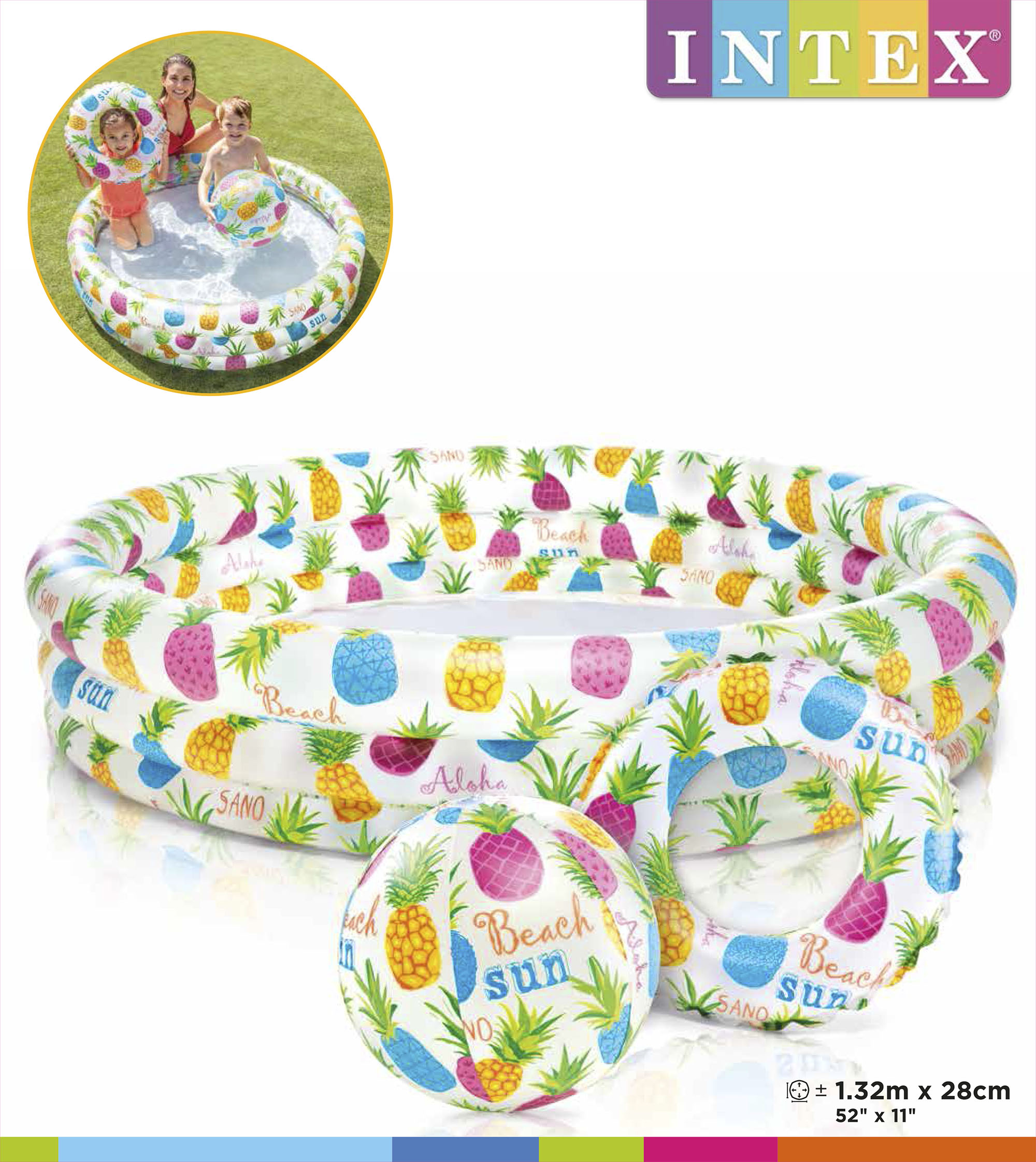 Бассейн "Ананасы" (132х28) +мяч (51) +круг (51) 12 шт/упак 59469           